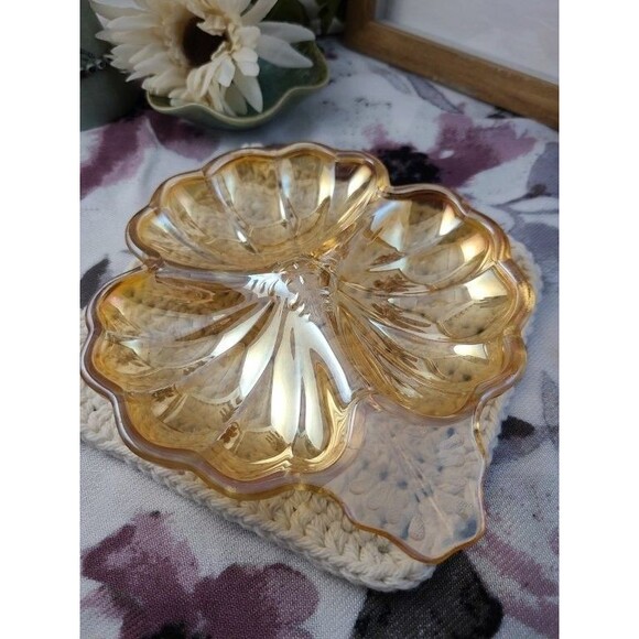 Jeanette Marigold Carnival Glass Dish Iridescent Doric Depression Era VTG - Picture 6 of 6